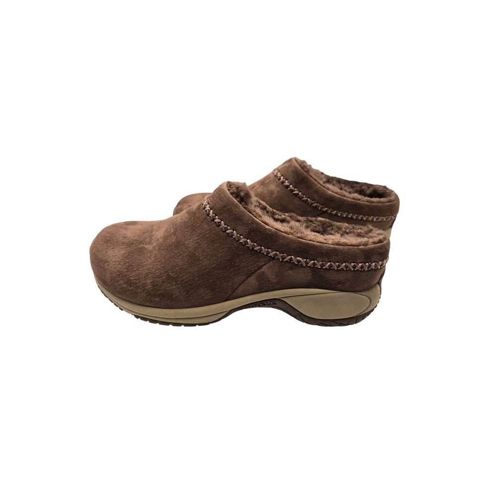 Merrell Clogs Women 8.5 Encore Ice Brown Suede Faux Fur Air Cushion EUC